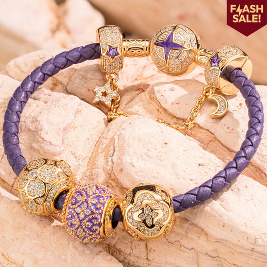 gona- Sterling Silver Purple Luck Charms Bracelet Set With Enamel In 14K Gold Plated (Includes bracelet and all charms shown)