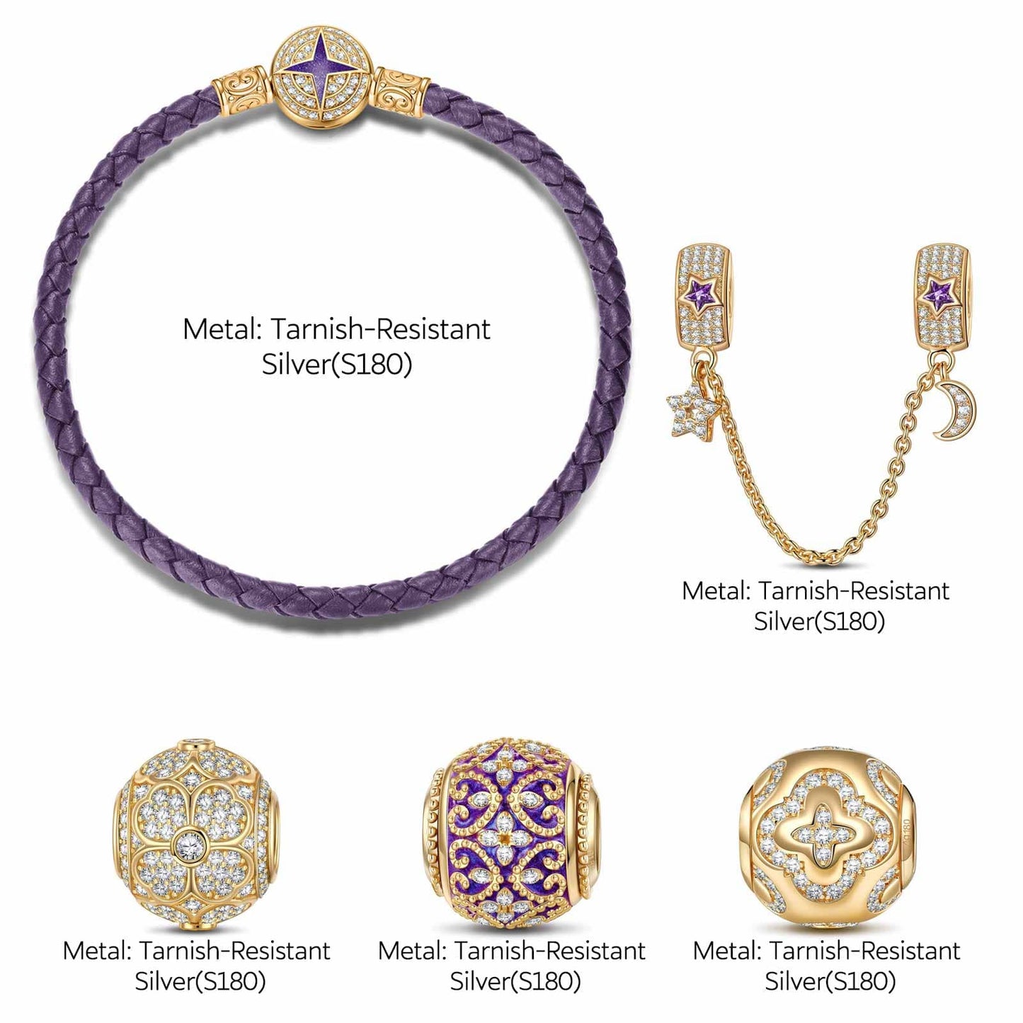 Sterling Silver Purple Luck Charms Bracelet Set With Enamel In 14K Gold Plated (Includes bracelet and all charms shown)