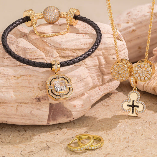 gona- Sterling Silver Luxurious Splendor Charms Bracelet and Necklace and Earrings Set In 14K Gold Plated
