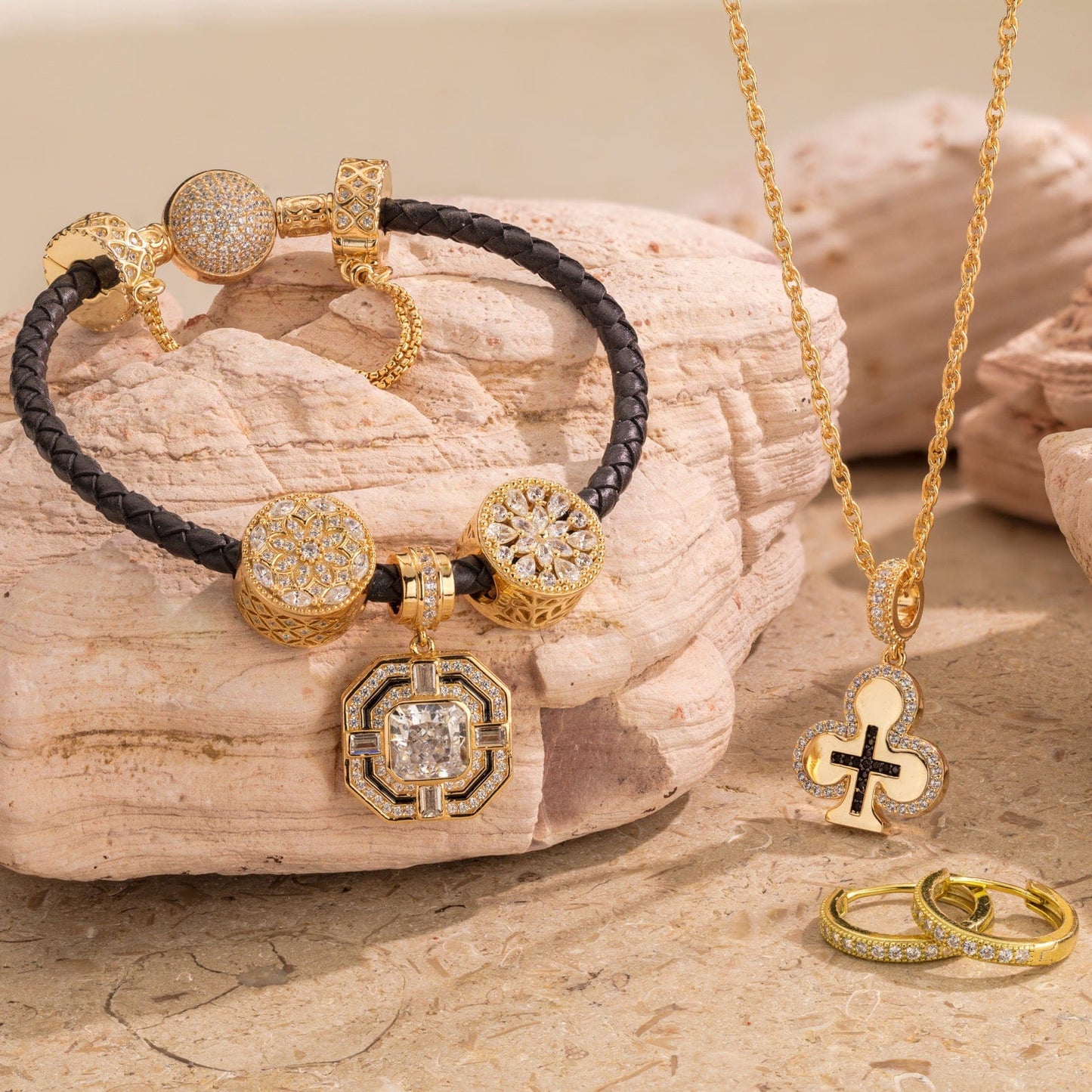 Sterling Silver Luxurious Splendor Charms Bracelet and Necklace and Earrings Set In 14K Gold Plated