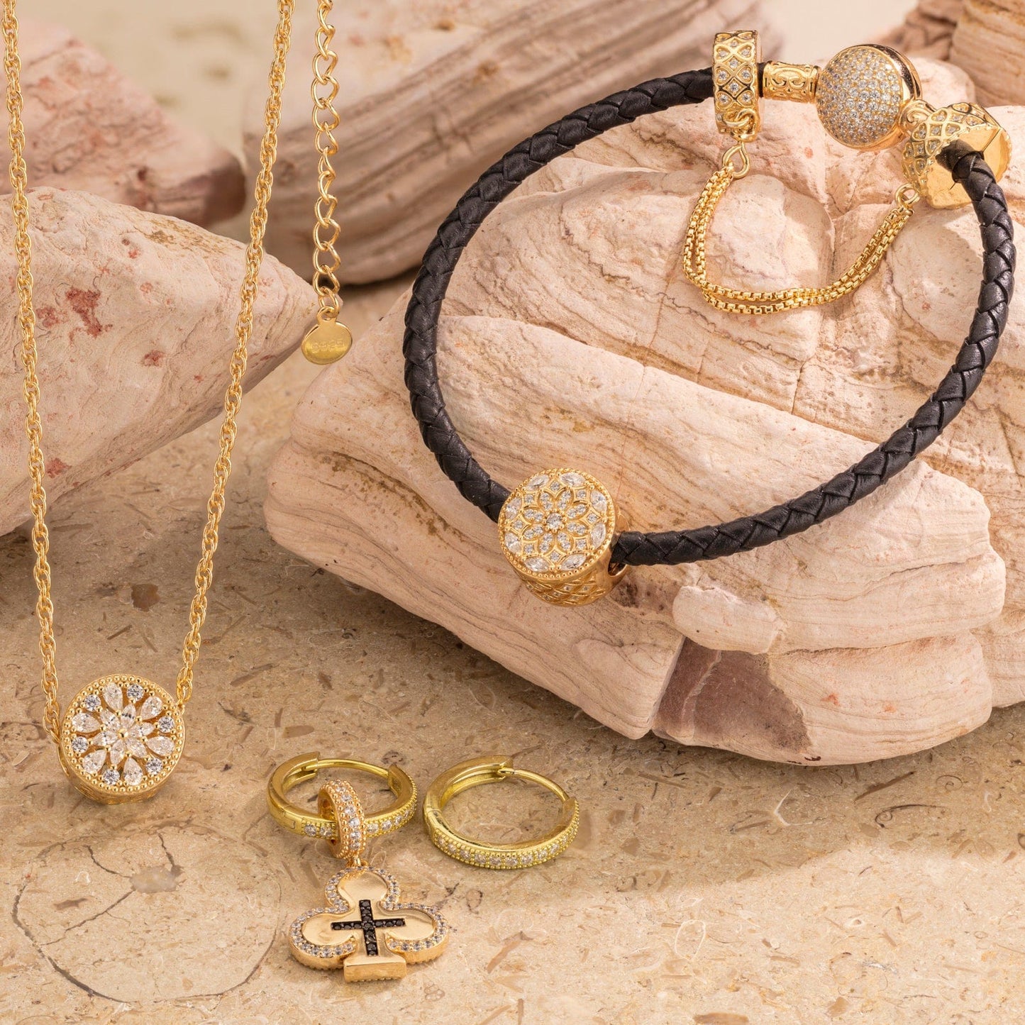 Sterling Silver Luxurious Splendor Charms Bracelet and Necklace and Earrings Set In 14K Gold Plated