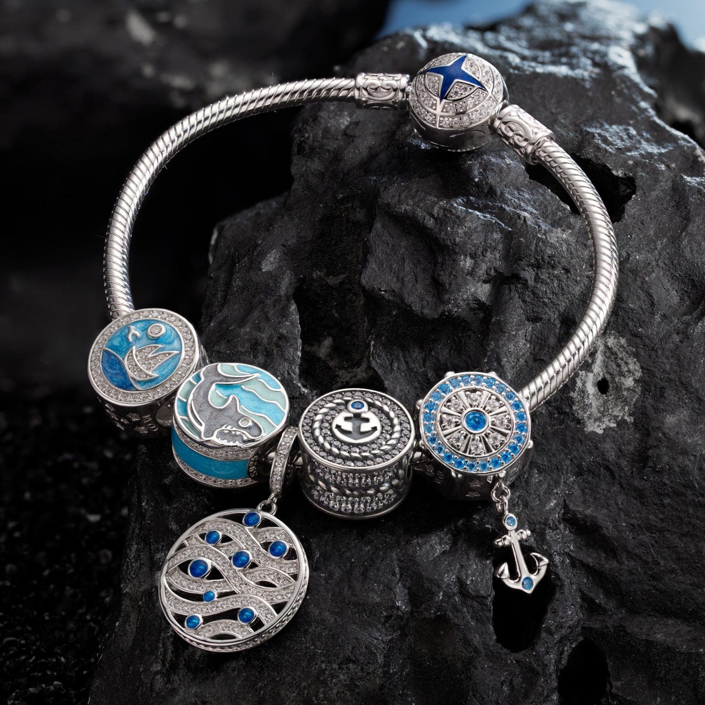 Sterling Silver Island Adventures Charms Bracelet Set With Enamel In White Gold Plated (Includes bracelet and all charms shown)