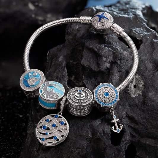 gona- Sterling Silver Island Adventures Charms Bracelet Set With Enamel In White Gold Plated (Includes bracelet and all charms shown)