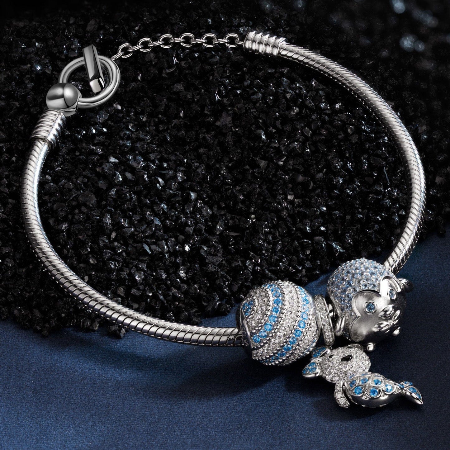 Sterling Silver Mermaid Bear Penguin Charms Bracelet Set In White Gold Plated (Includes bracelet and all charms shown)