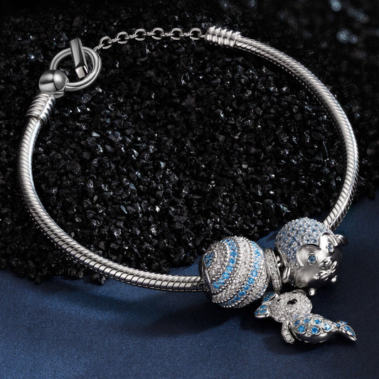 gona- Sterling Silver Mermaid Bear Penguin Charms Bracelet Set In White Gold Plated (Includes bracelet and all charms shown)
