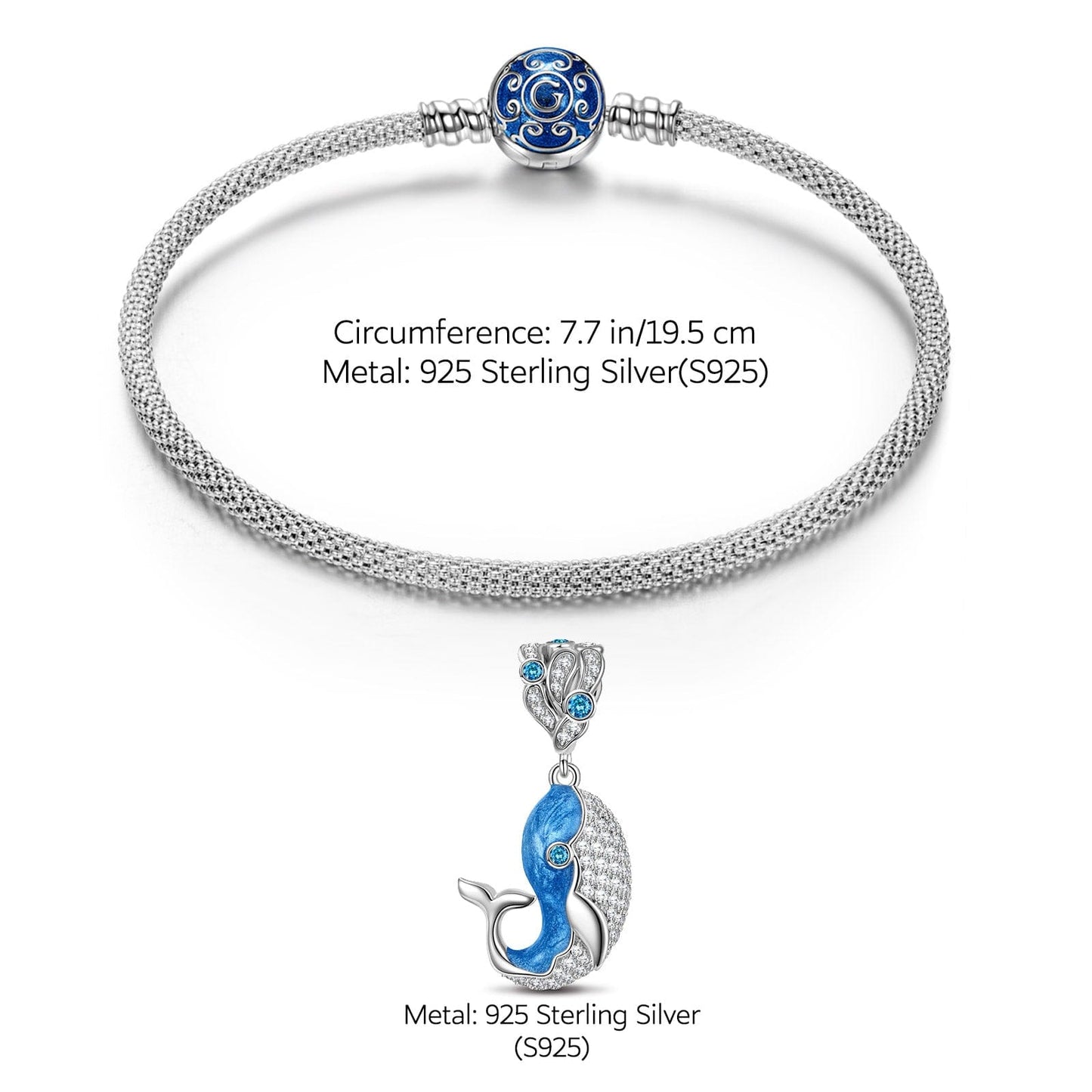 Sterling Silver Playful Whale Charms Bracelet Set With Enamel In White Gold Plated (Includes bracelet and all charms shown)