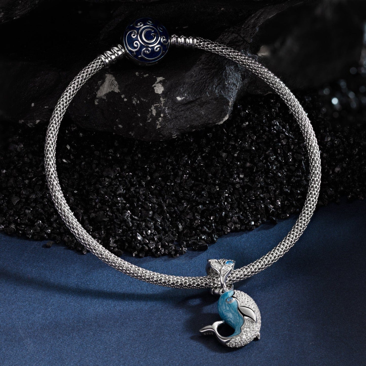 Sterling Silver Playful Whale Charms Bracelet Set With Enamel In White Gold Plated (Includes bracelet and all charms shown)