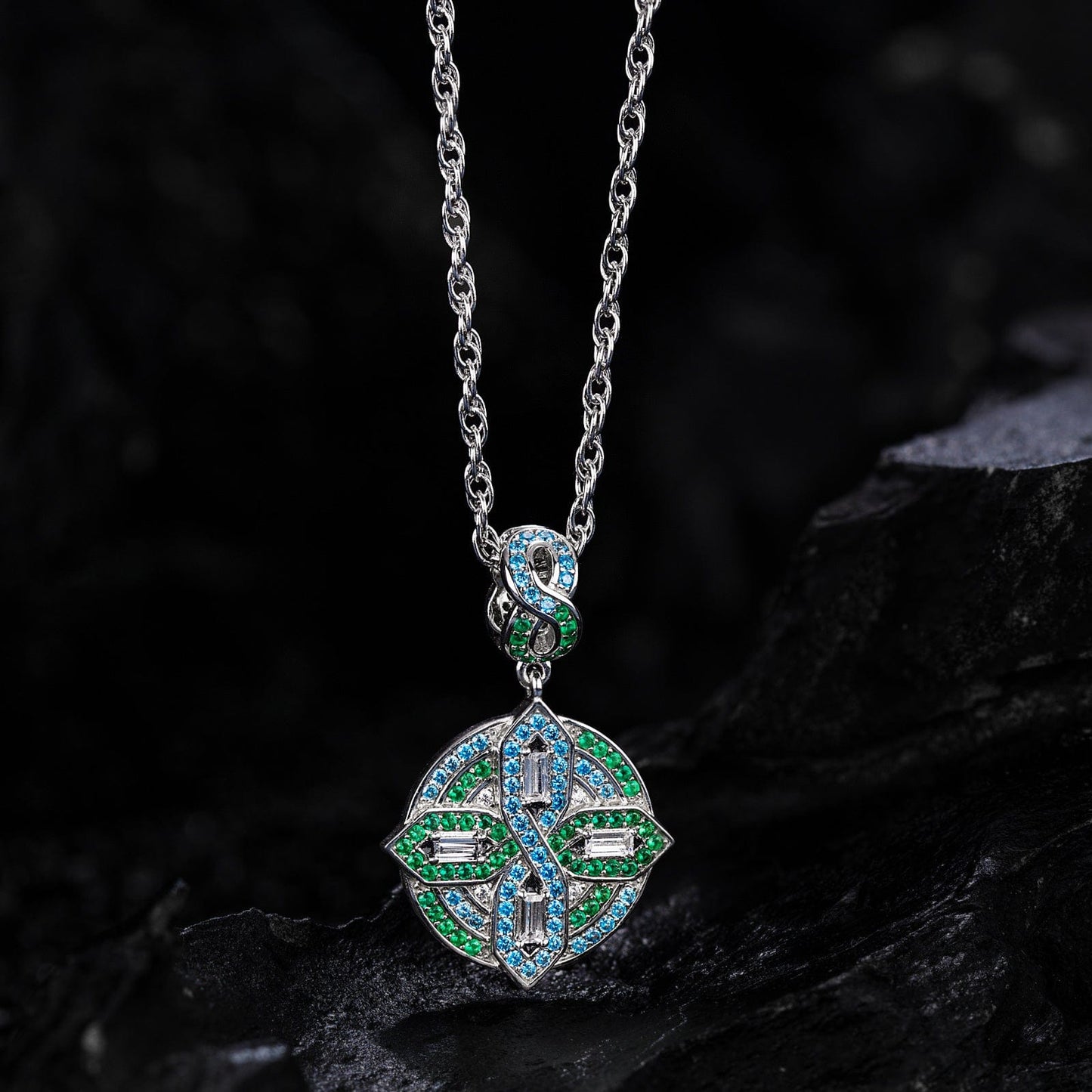 Sterling Silver Green Shield Charms Necklace Set In White Gold Plated