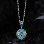 Sterling Silver Green Shield Charms Necklace Set In White Gold Plated