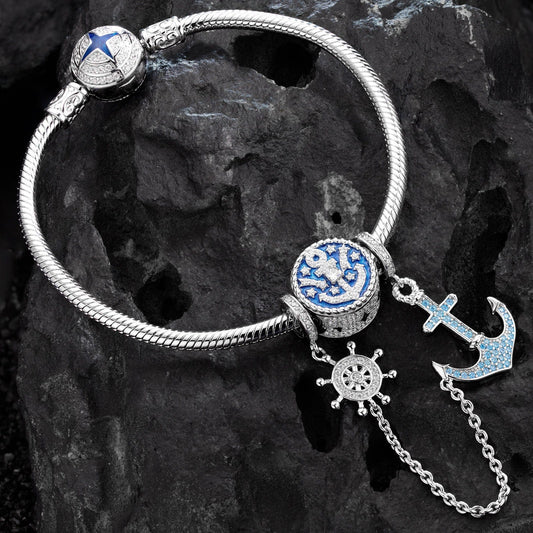 gona- Sterling Silver Navigation Charms Bracelet Set With Enamel In White Gold Plated (Includes bracelet and all charms shown)
