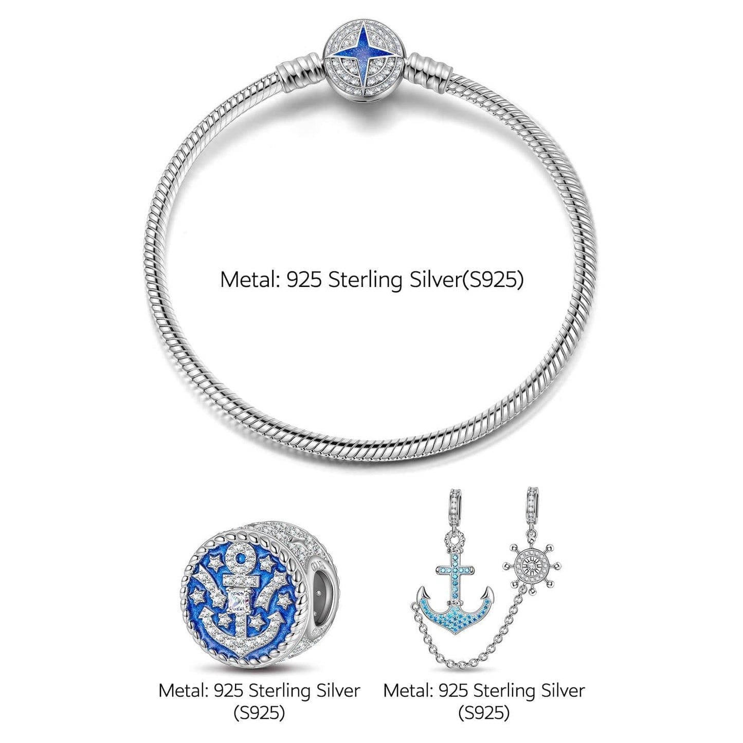 Sterling Silver Navigation Charms Bracelet Set With Enamel In White Gold Plated (Includes bracelet and all charms shown)