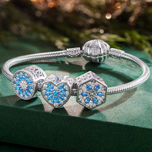 gona- Sterling Silver Blue Ice Crystals Charms Bracelet Set In White Gold Plated (Includes bracelet and all charms shown)
