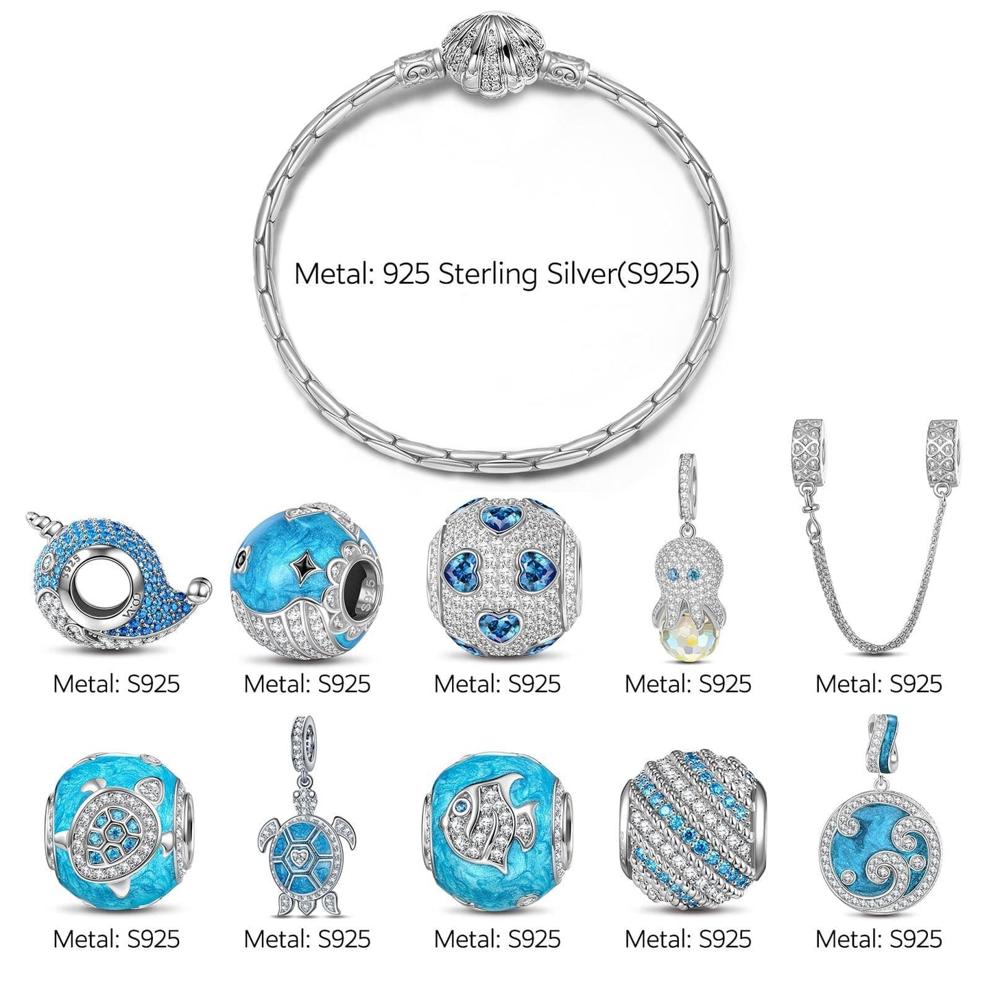 Sterling Silver Deep Sea Family Charms Bracelet Set With Enamel In White Gold Plated (Includes bracelet and all charms shown)