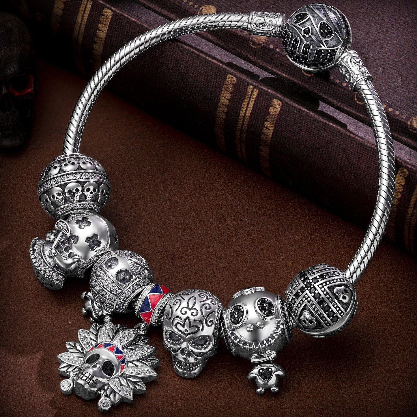 Sterling Silver Skeleton Tribe Charms Bracelet Set With Enamel In White Gold Plated (Includes bracelet and all charms shown)