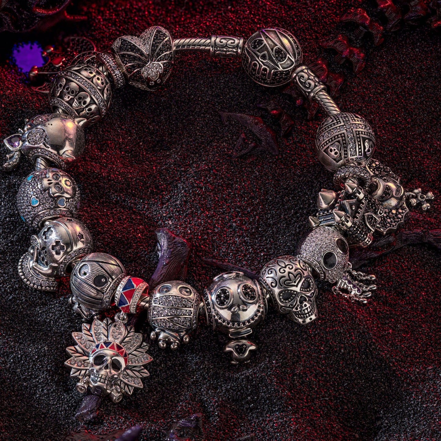 Sterling Silver The Lost Ghostdom Charms Bracelet Set With Enamel In Blackened 925 Sterling Silver (Includes bracelet and all charms shown)