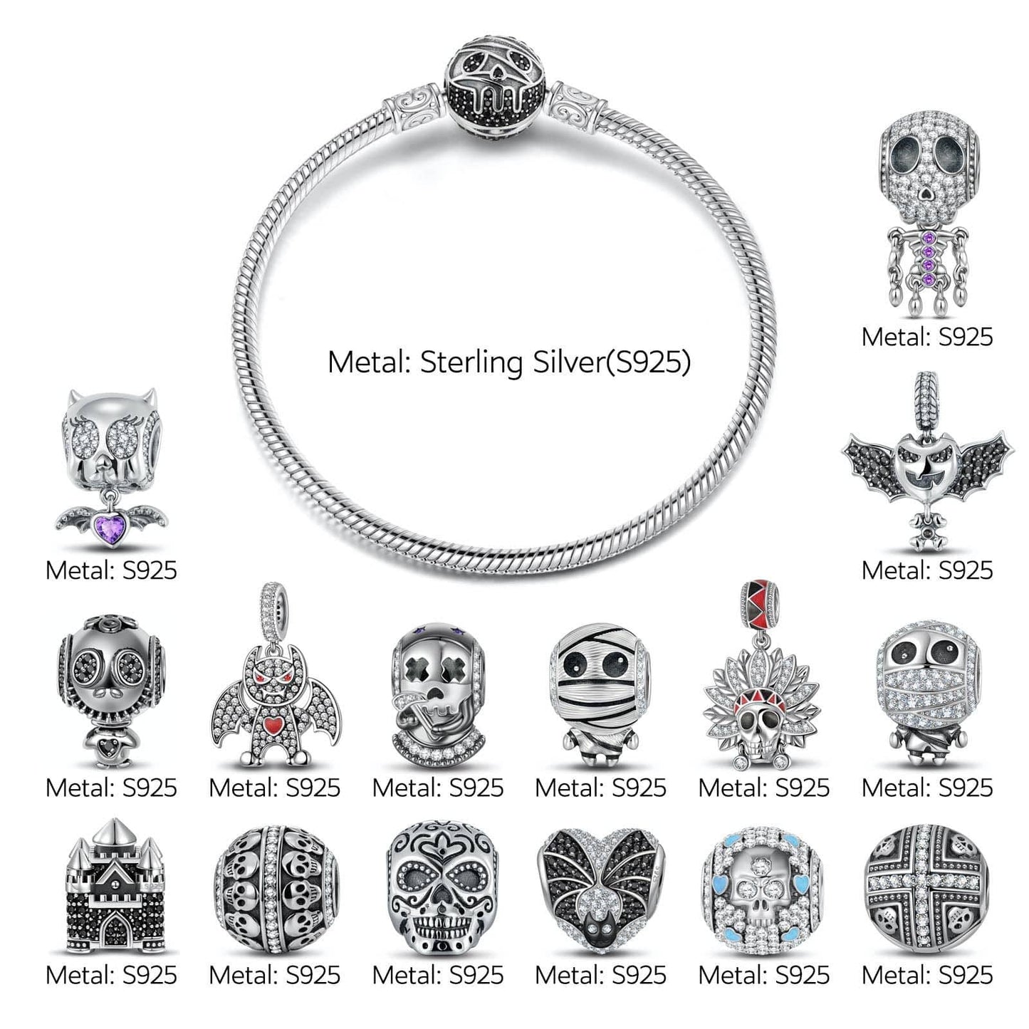 Sterling Silver The Lost Ghostdom Charms Bracelet Set With Enamel In Blackened 925 Sterling Silver (Includes bracelet and all charms shown)