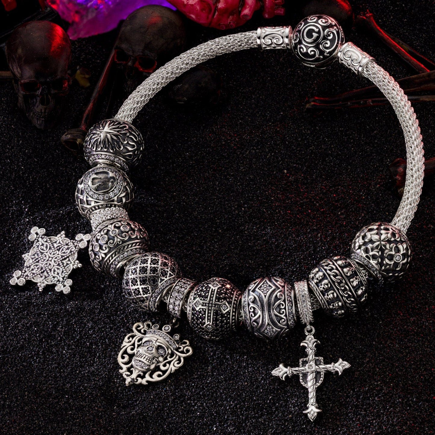 Sterling Silver Thriving in the Shadows XL Size Charms Bracelet Set With Enamel In White Gold Plated For Men (Includes bracelet and all charms shown)