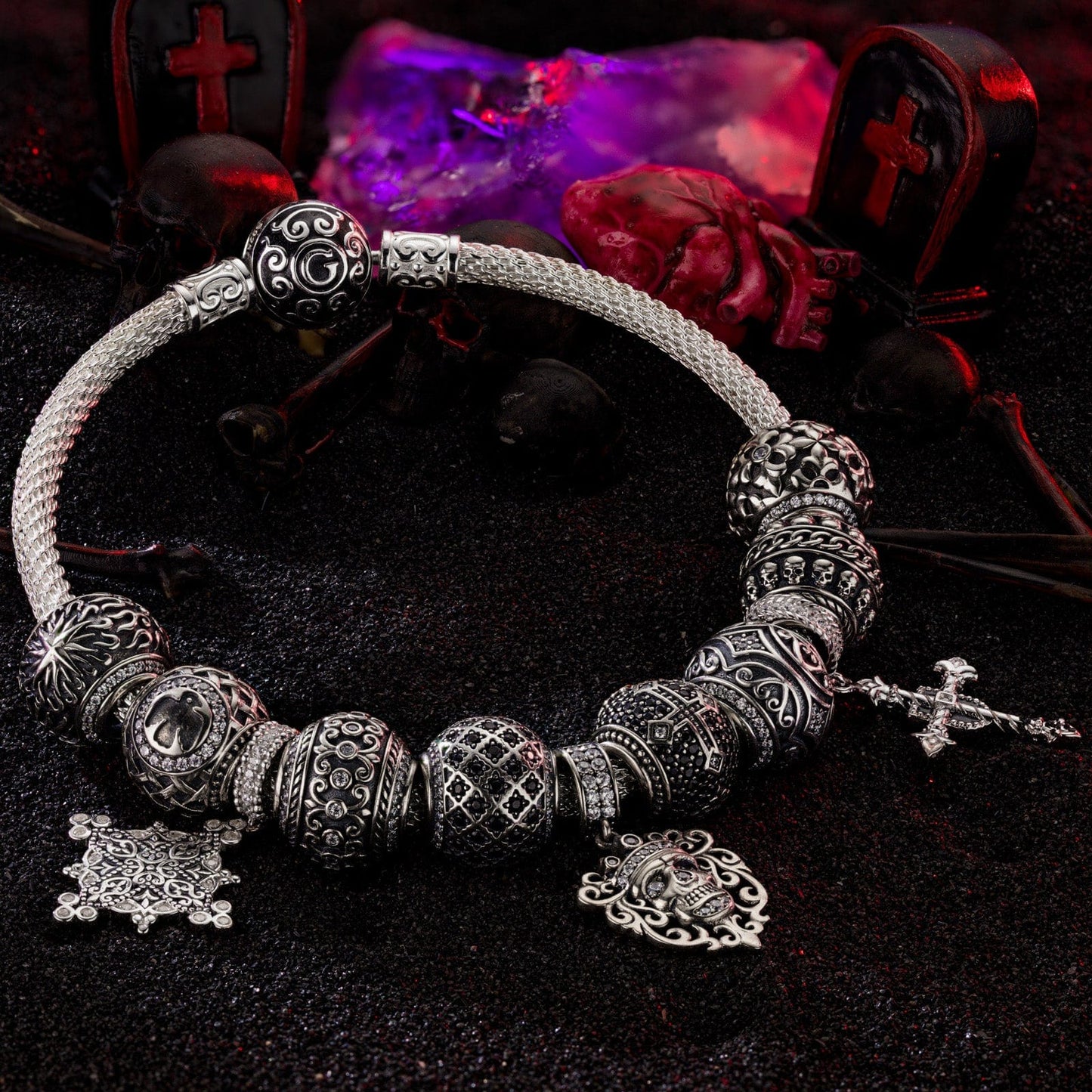 Sterling Silver Thriving in the Shadows XL Size Charms Bracelet Set With Enamel In White Gold Plated For Men (Includes bracelet and all charms shown)