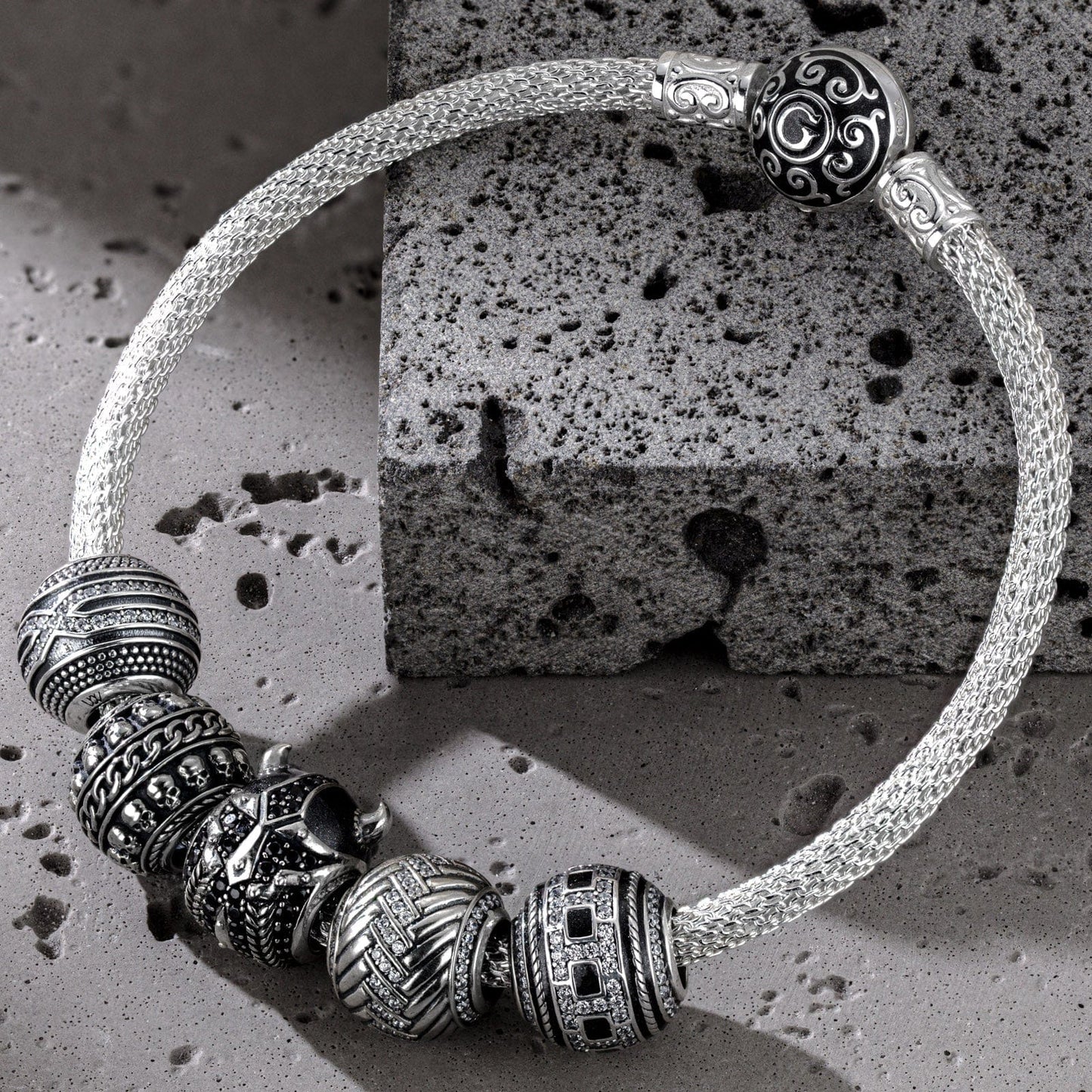 Sterling Silver Skulls and Berserker XL Size Charms Bracelet Set With Enamel In White Gold Plated For Men (Includes bracelet and all charms shown)