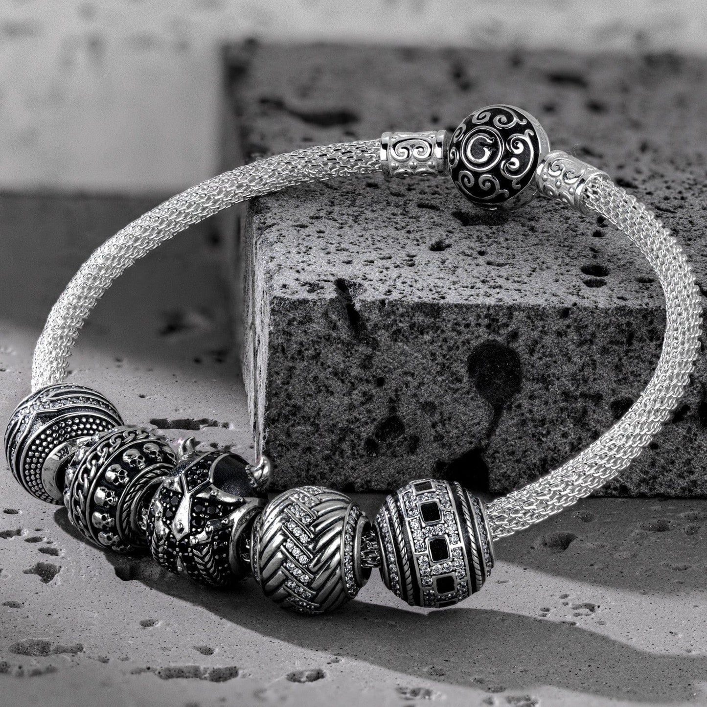 Sterling Silver Skulls and Berserker XL Size Charms Bracelet Set With Enamel In White Gold Plated For Men (Includes bracelet and all charms shown)