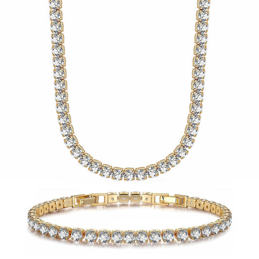 gona- Sterling Silver Tennis Necklace and Bracelet Set with Extension Chain In 14K Gold Plated