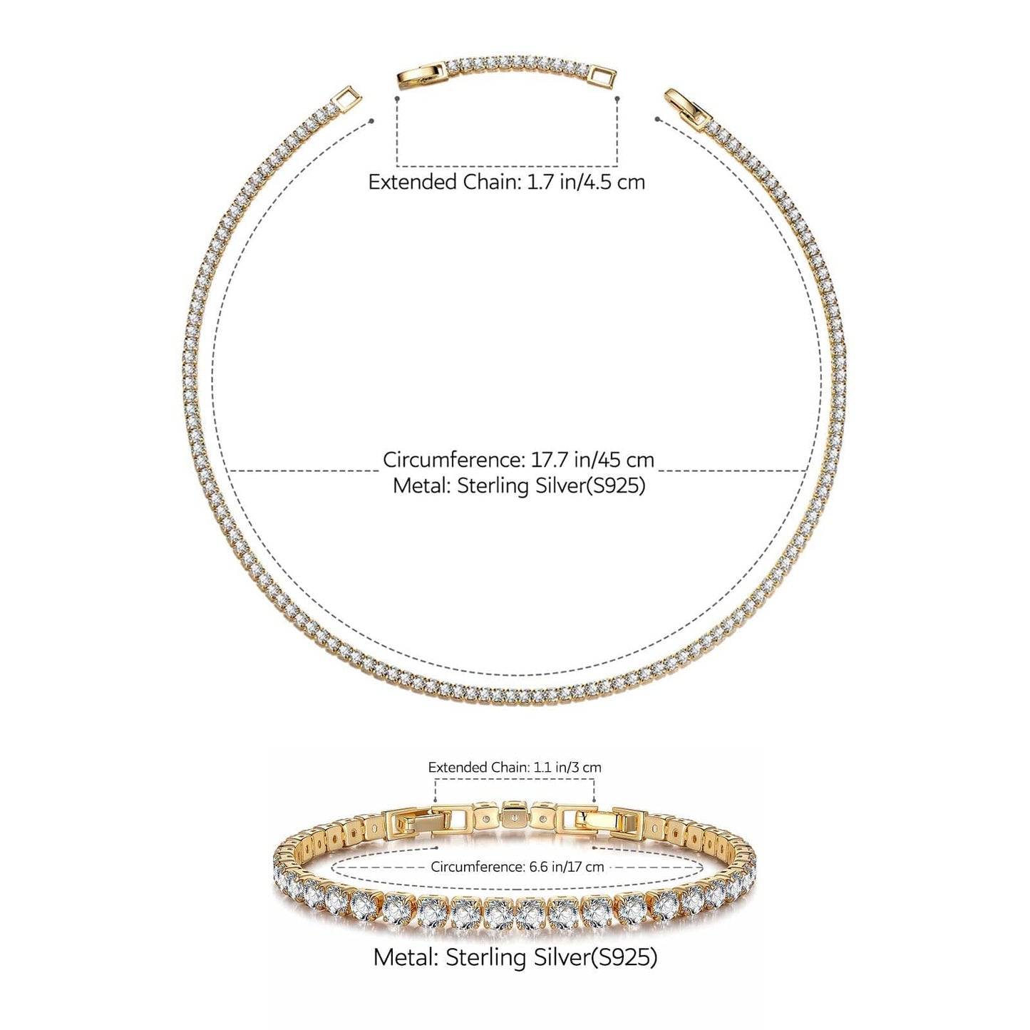 Sterling Silver Tennis Necklace and Bracelet Set with Extension Chain In 14K Gold Plated