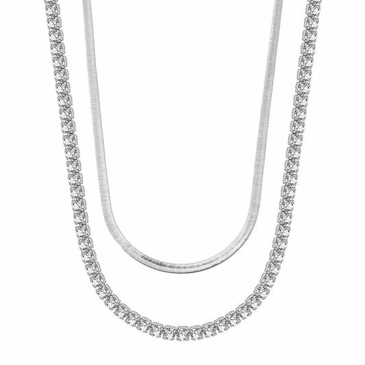 gona- Sterling Silver Layered Necklaces Set: Flat Snake Chain and Tennis Chain Necklace Set In White Gold Plated