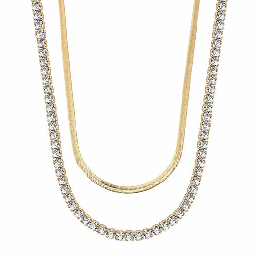 gona- Sterling Silver Layered Necklaces Set: Flat Snake Chain and Tennis Chain Necklace Set In 14K Gold Plated