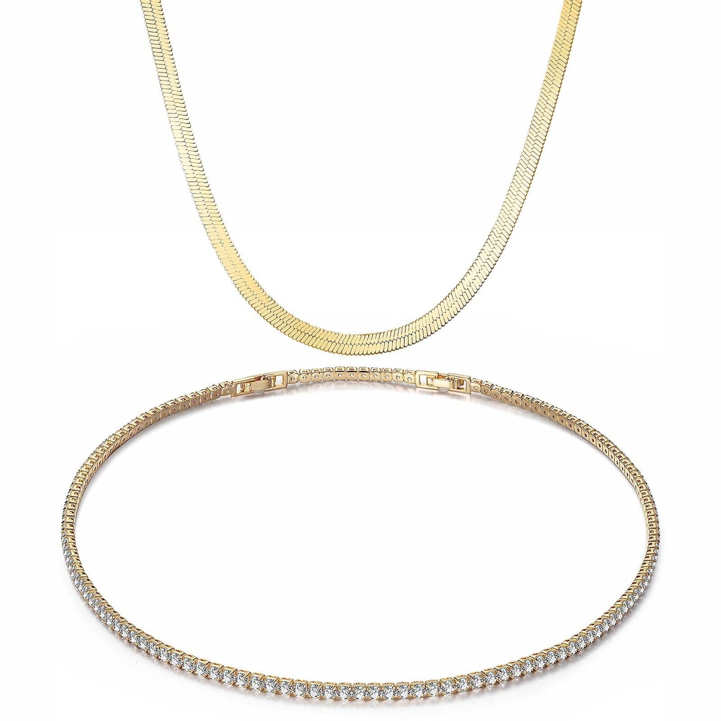 Sterling Silver Layered Necklaces Set: Flat Snake Chain and Tennis Chain Necklace Set In 14K Gold Plated