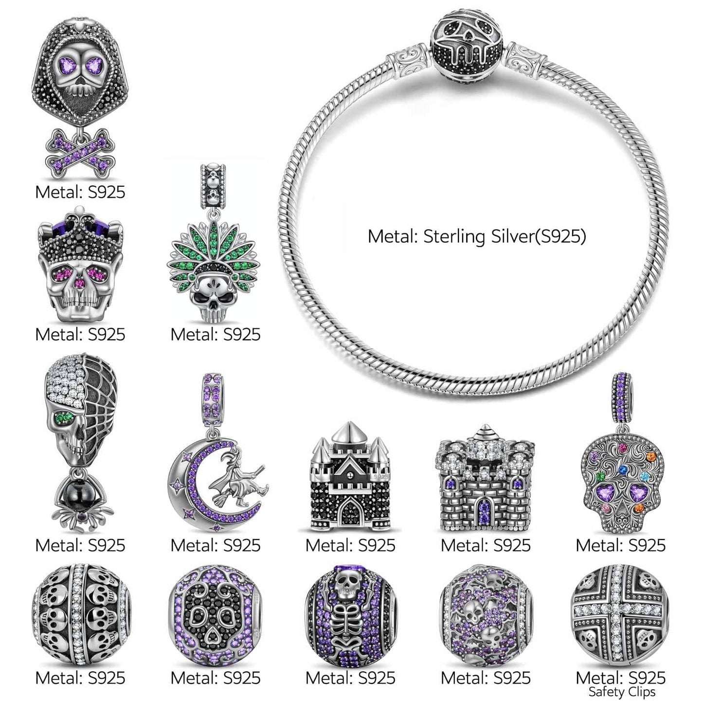 Sterling Silver Ghostly Darkness Charms Bracelet Set In Blackened 925 Sterling silver Plated (Includes bracelet and all charms shown)