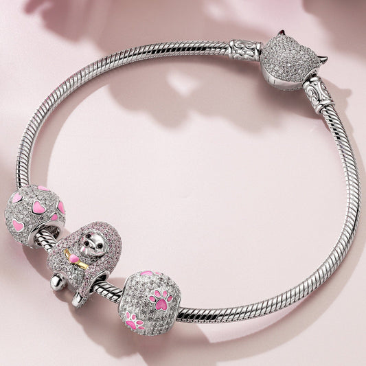 gona- Sterling Silver Cute Poodle Charms Bracelet Set With Enamel In White Gold Plated (Includes bracelet and all charms shown)