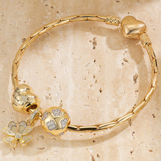 gona- Sterling Silver Lucky Clover Charms Bracelet Set In 14K Gold Plated (Includes bracelet and all charms shown)