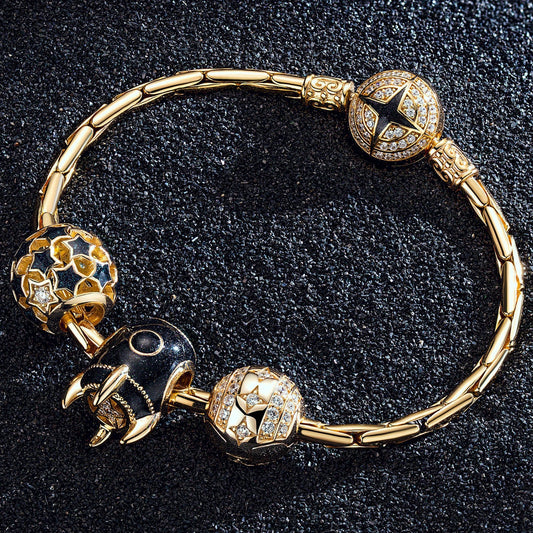 gona- Sterling Silver Spaceship and Polaris Bamboo Chain Charms Bracelet Set With Enamel In 14K Gold Plated (Includes bracelet and all charms shown)