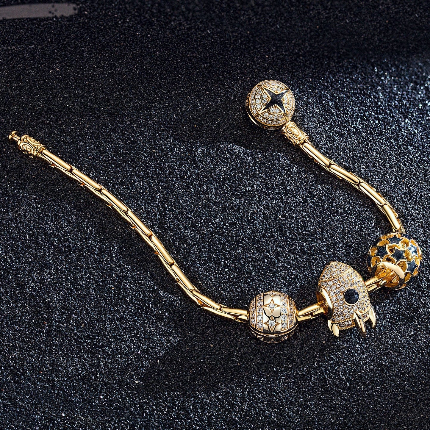 Sterling Silver Spaceship and Polaris Bamboo Chain Charms Bracelet Set With Enamel In 14K Gold Plated (Includes bracelet and all charms shown)