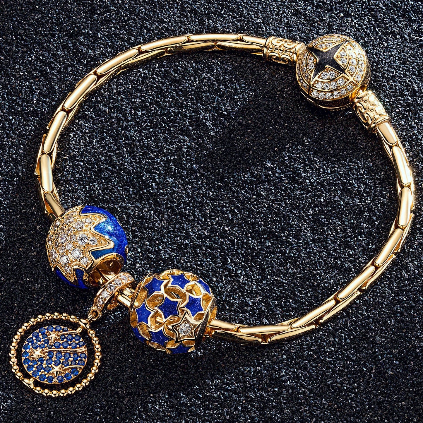 Sterling Silver Blue Starry Night Charms Bracelet Set With Enamel In 14K Gold Plated (Includes bracelet and all charms shown)