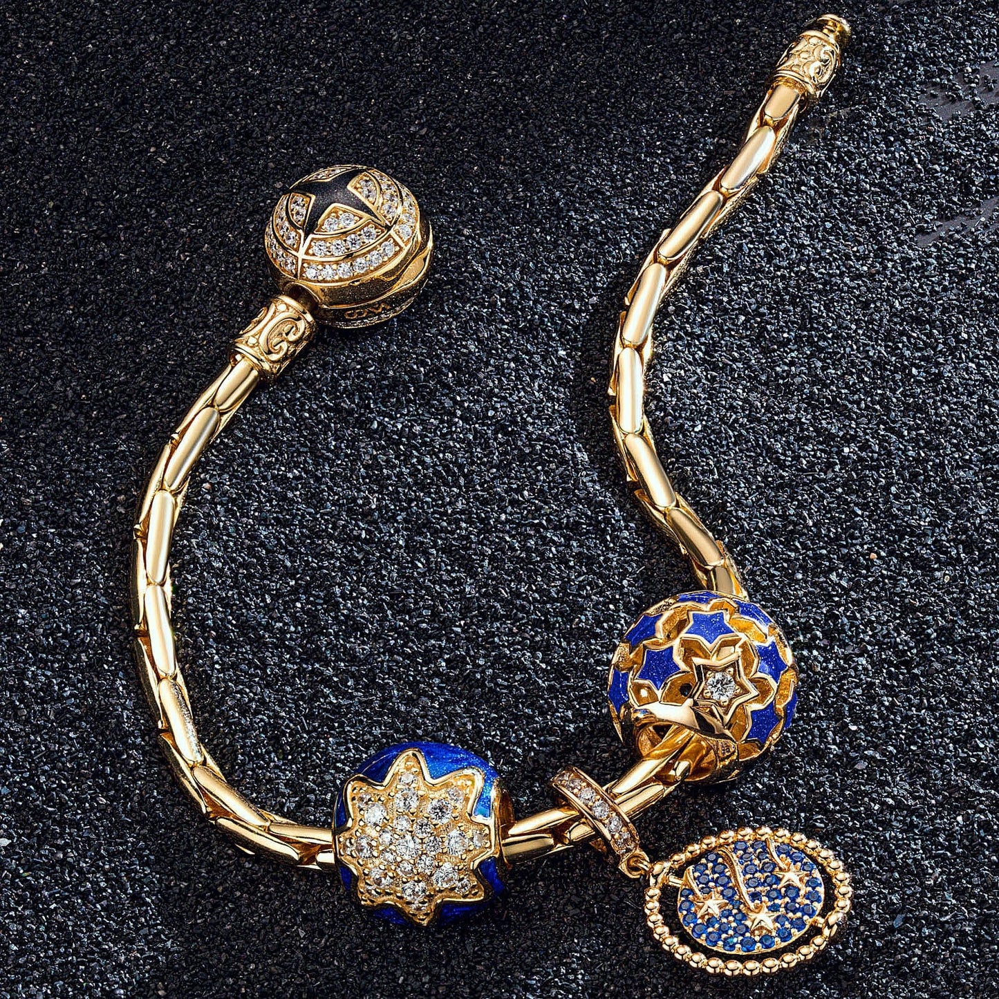 Sterling Silver Blue Starry Night Charms Bracelet Set With Enamel In 14K Gold Plated (Includes bracelet and all charms shown)