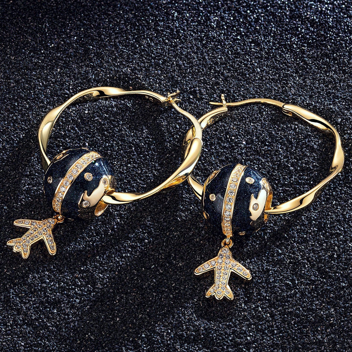 Flight Around The Equator Tarnish-resistant Silver Charms Earrings Set M Size Classic Hoop Earrings with Sterling Silver Ear Post With Enamel In 14K Gold Plated