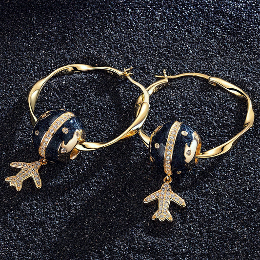 gona- Flight Around The Equator Tarnish-resistant Silver Charms Earrings Set M Size Classic Hoop Earrings with Sterling Silver Ear Post With Enamel In 14K Gold Plated