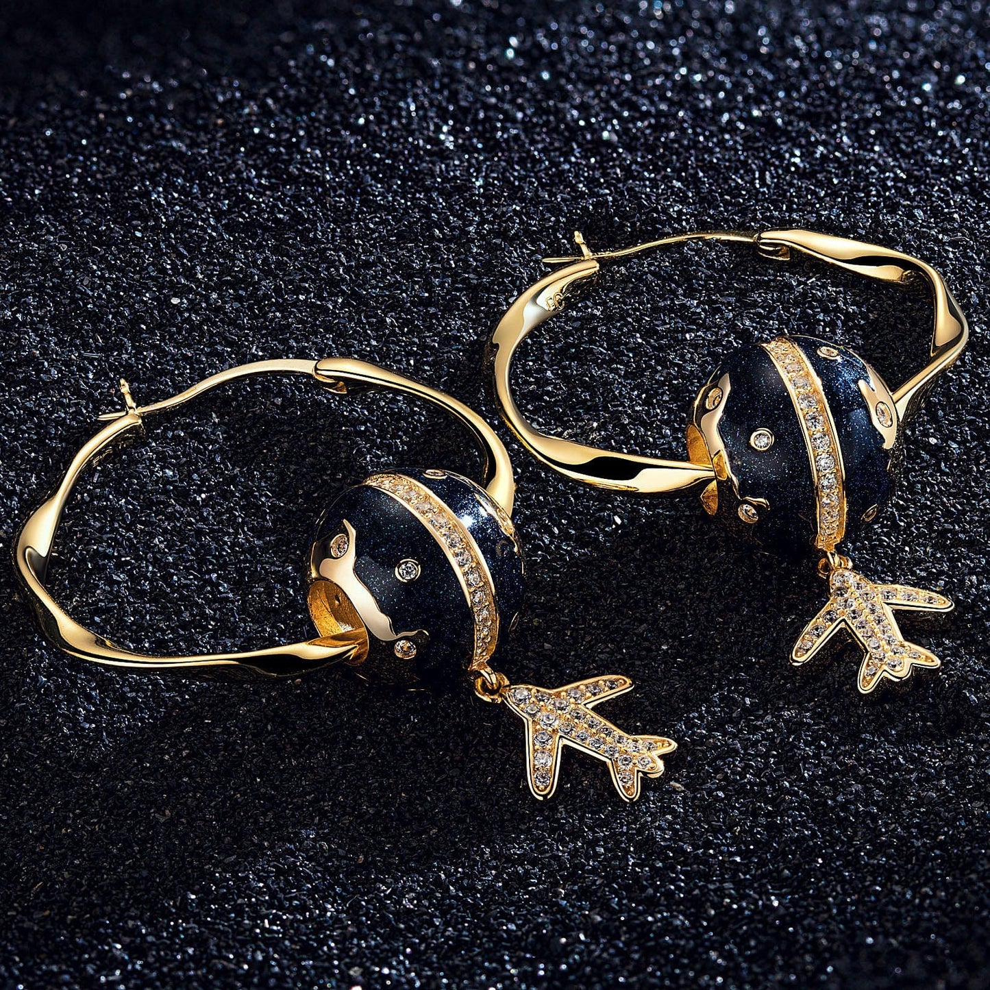 Flight Around The Equator Tarnish-resistant Silver Charms Earrings Set M Size Classic Hoop Earrings with Sterling Silver Ear Post With Enamel In 14K Gold Plated