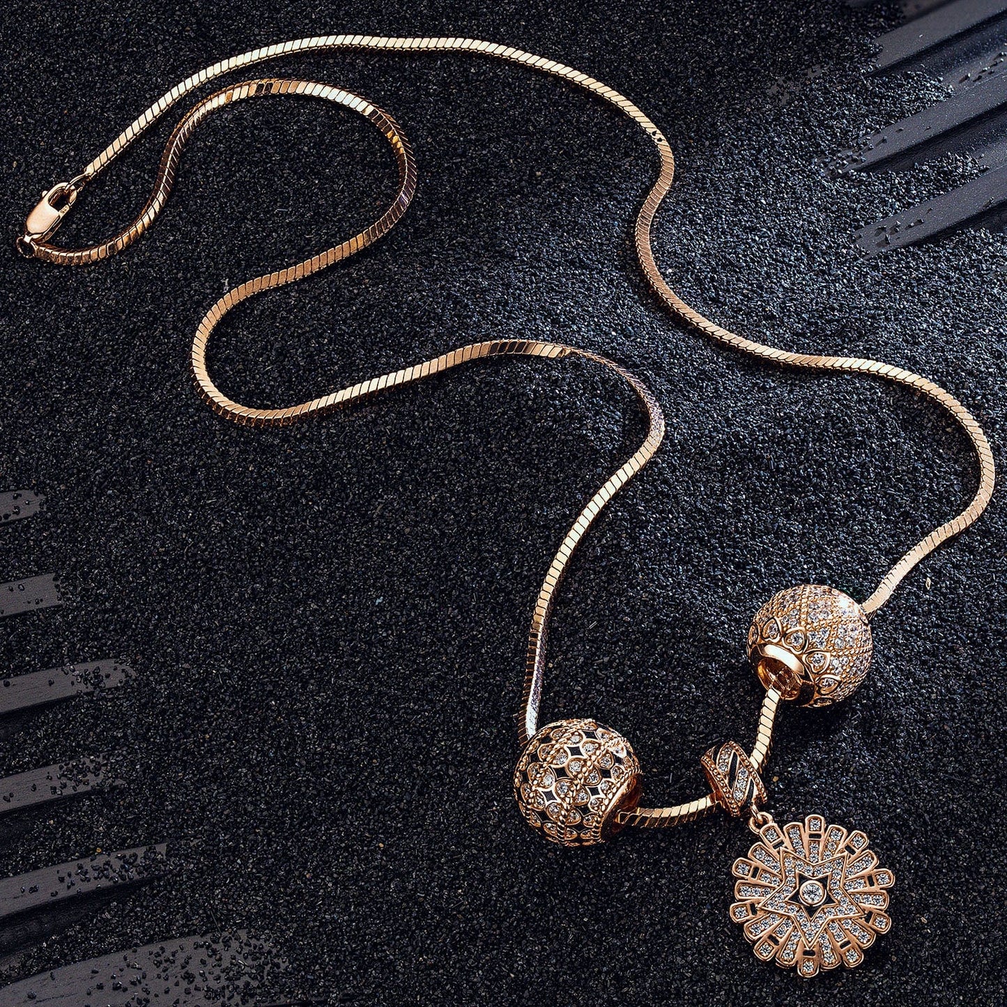 Sterling Silver Infinite Interstellar Box Chain Charms Necklace Set With Enamel In Rose Gold Plated
