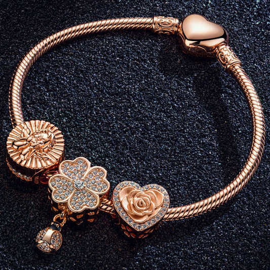 gona- Smiling Flower Tarnish-resistant Silver Charms Bracelet Set In Rose Gold Plated (Includes bracelet and all charms shown)