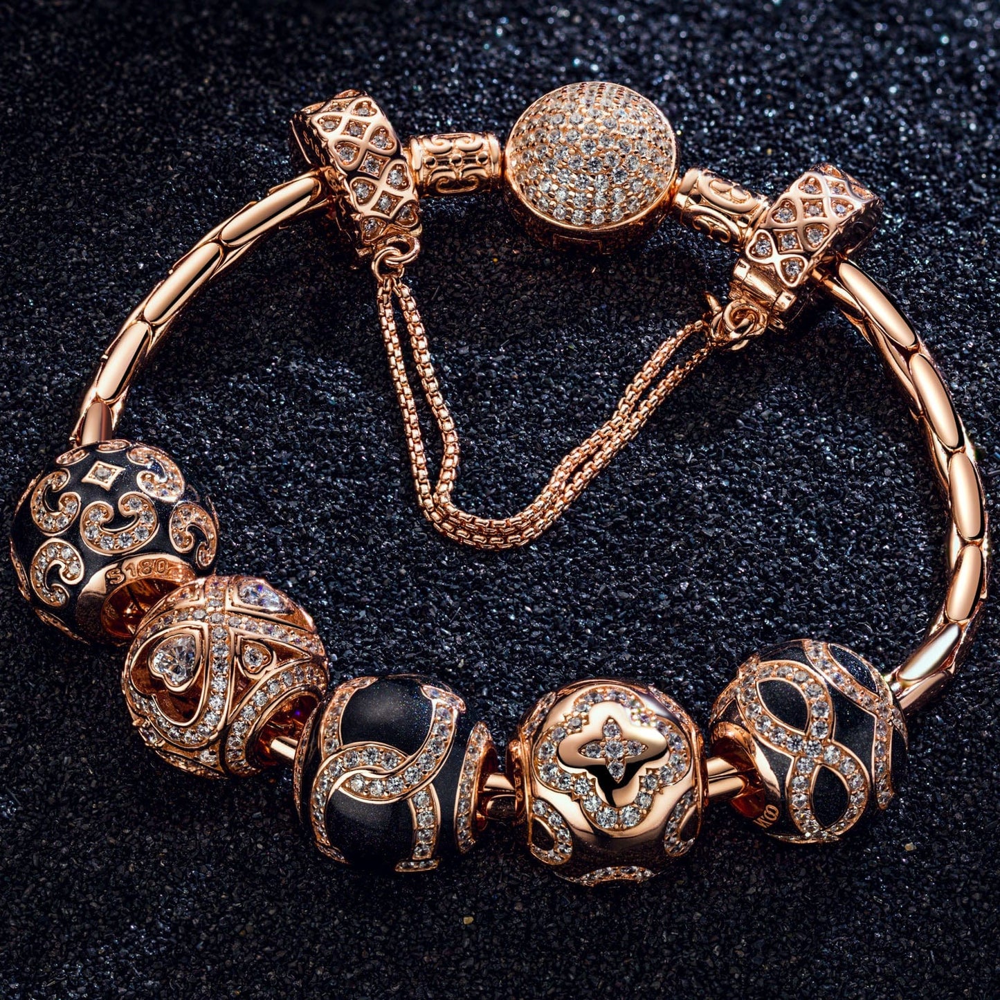 Sterling Silver Hug My Shining Bamboo Chain Charms Bracelet Set With Enamel In Rose Gold Plated (Includes bracelet and all charms shown)