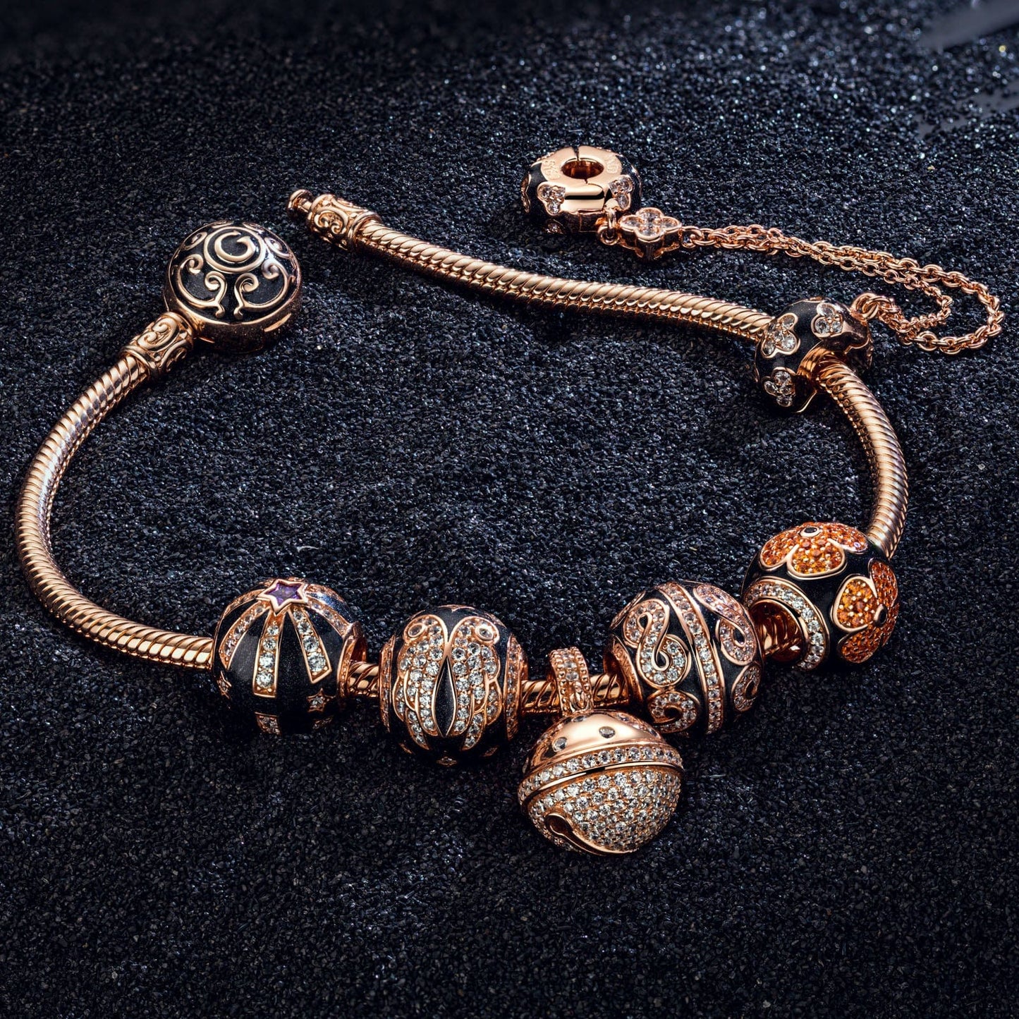 Starry Eternity Collection Tarnish-resistant Silver Charms Bracelet Set With Enamel In Rose Gold Plated (Includes bracelet and all charms shown)