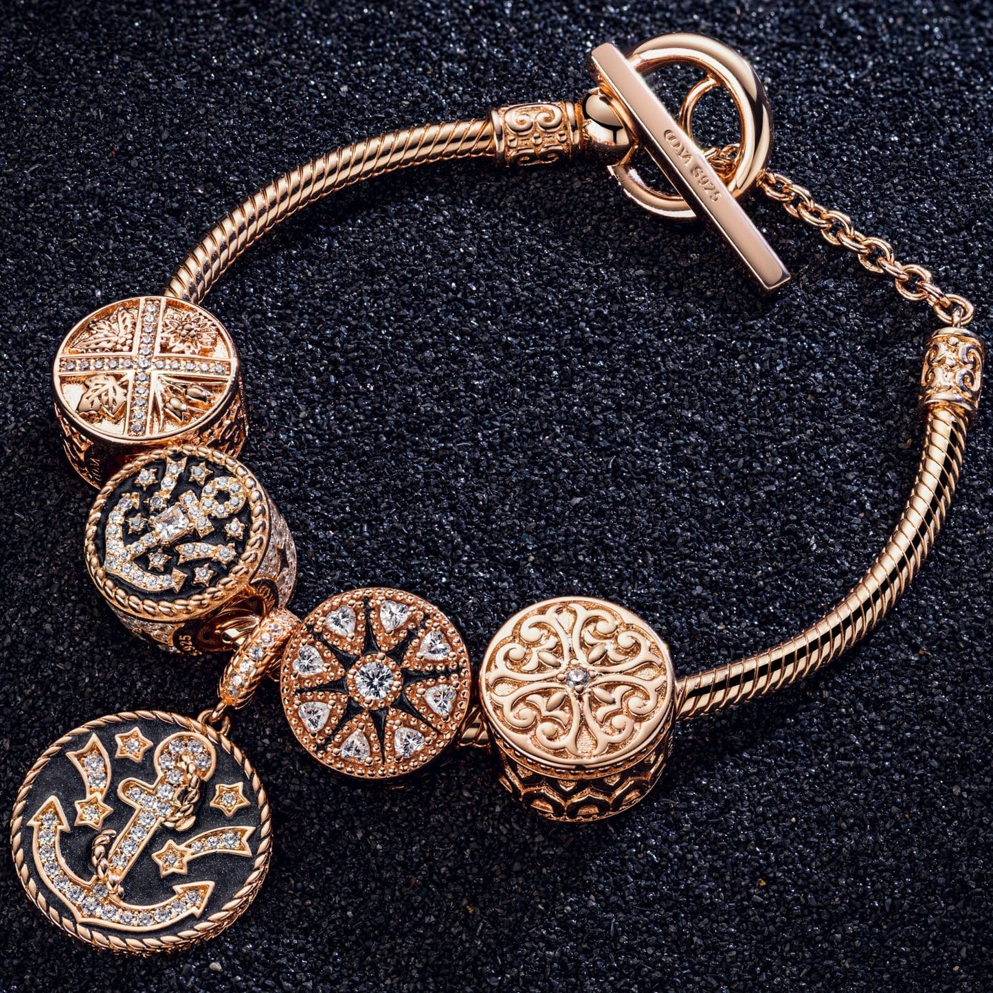 Christmas Tarnish-resistant Silver Charms Bracelet Set With Enamel In Rose Gold Plated (Includes bracelet and all charms shown)