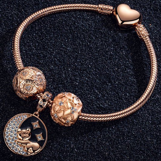 gona- Good Night Little Bear Tarnish-resistant Silver Charms Bracelet Set With Enamel In Rose Gold Plated (Includes bracelet and all charms shown)