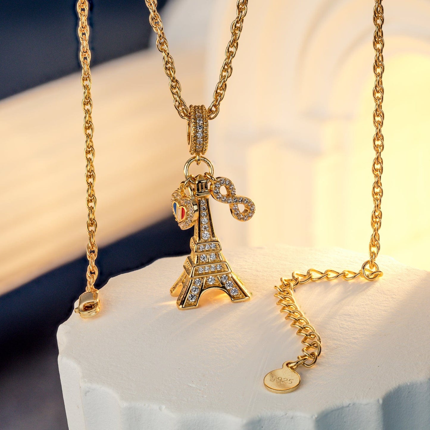 Eiffel Flair Tarnish-resistant Silver Dangle Charms With Enamel In 14K Gold Plated