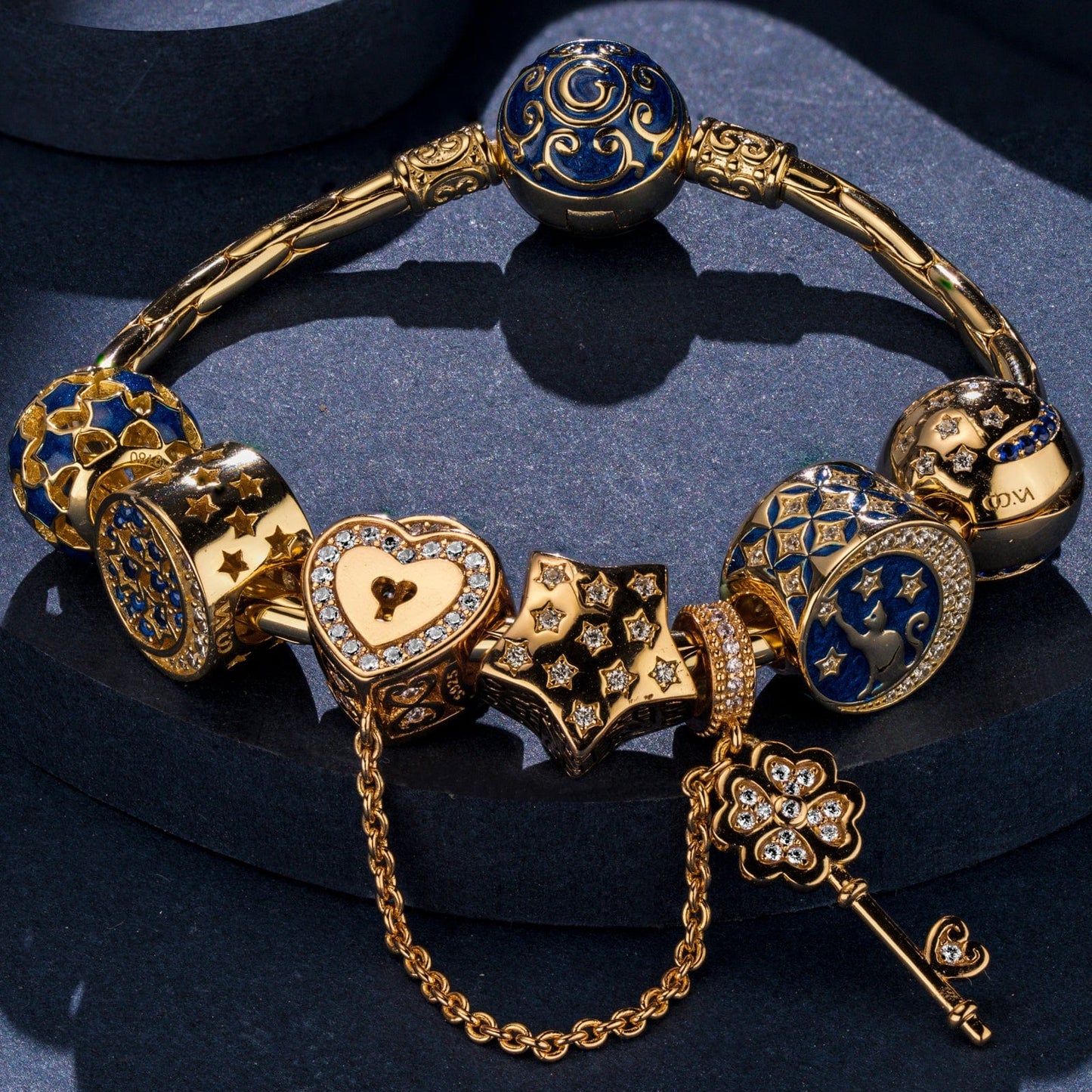 Sterling Silver Touch My Starlight Charms Bracelet Set With Enamel In 14K Gold Plated (Includes bracelet and all charms shown)