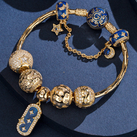 gona- Sterling Silver Twinkling Starlight Charms Bracelet Set With Enamel In 14K Gold Plated (Includes bracelet and all charms shown)