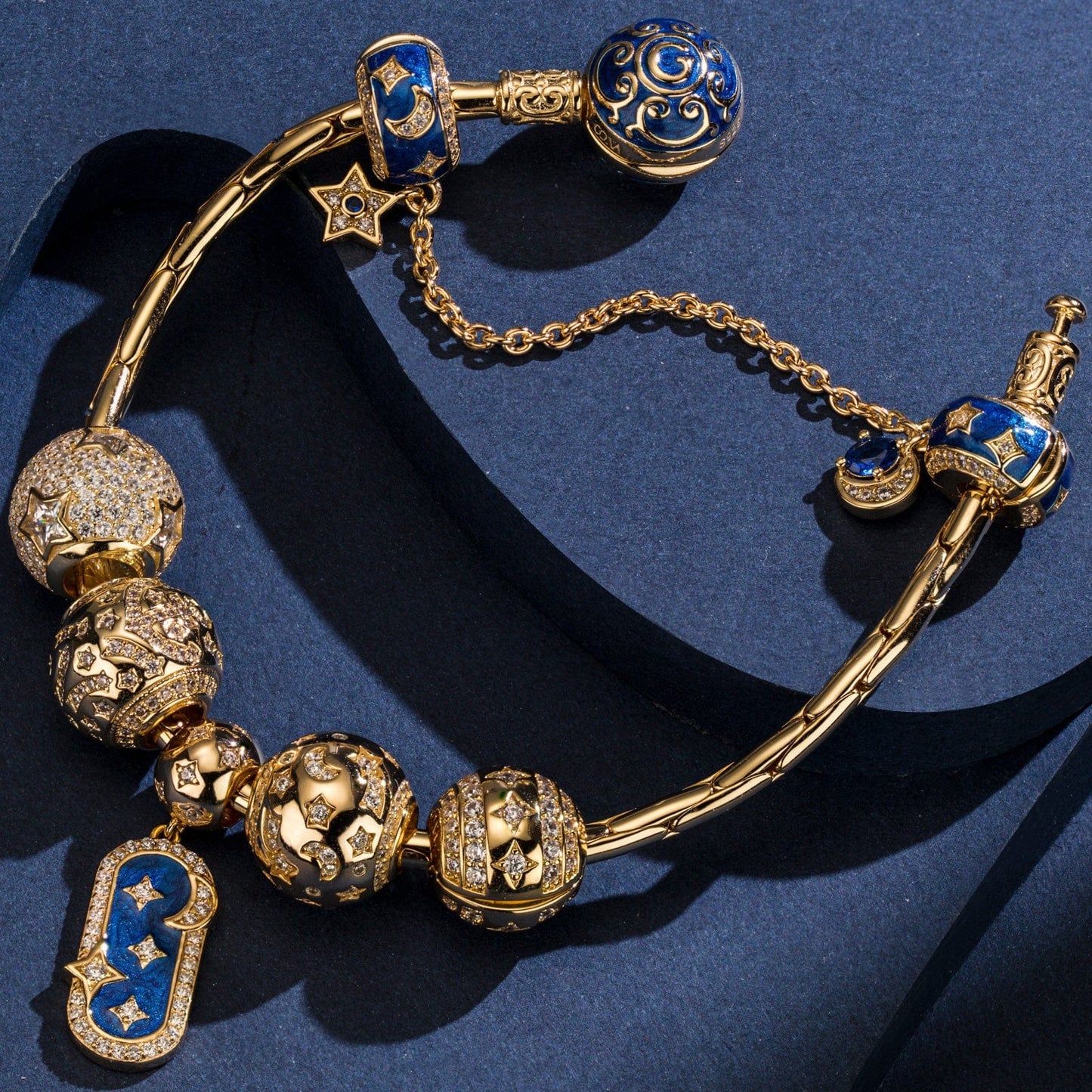 Sterling Silver Twinkling Starlight Charms Bracelet Set With Enamel In 14K Gold Plated (Includes bracelet and all charms shown)