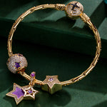 Sterling Silver Purple Star Charms Bracelet Set With Enamel In 14K Gold Plated (Includes bracelet and all charms shown)